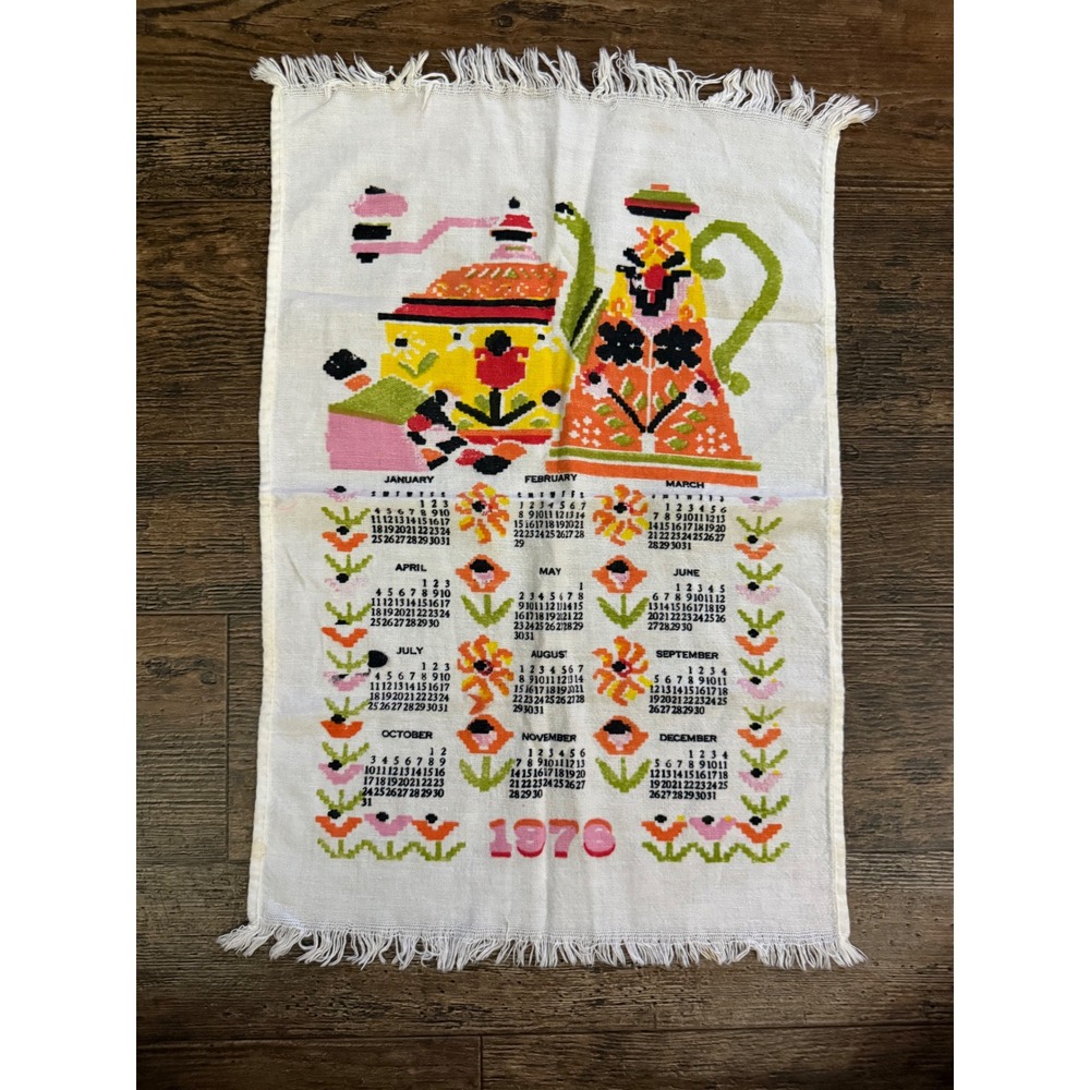 Vintage 1976 Calendar Kitchen Tea Pot Towel Tapestry Wall Hanging